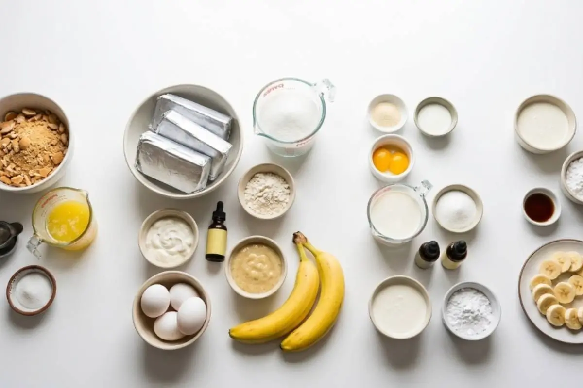 Key Ingredients For Banana Cheesecake An overhead view of the essential banana cheesecake ingredients laid out on a clean white surface, featuring fresh yellow bananas, blocks of cream cheese, a bowl of crushed cookies for the crust, fresh eggs, sugar, and rustic measuring cups.