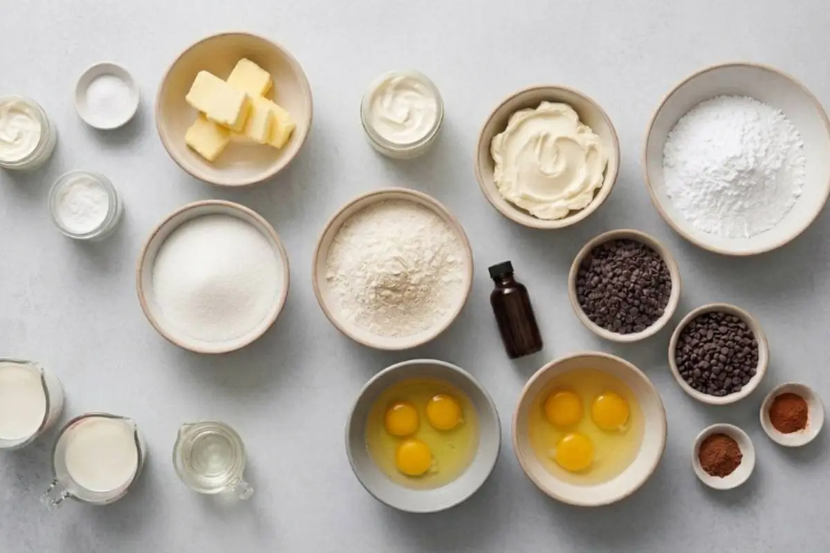 Key Ingredients For Cannoli Cupcakes An inviting overhead view of the essential baking ingredients for cannoli cupcakes, including flour, sugar, creamy ricotta, fresh eggs, and mini chocolate chips, beautifully arranged in simple rustic bowls on a light grey surface.