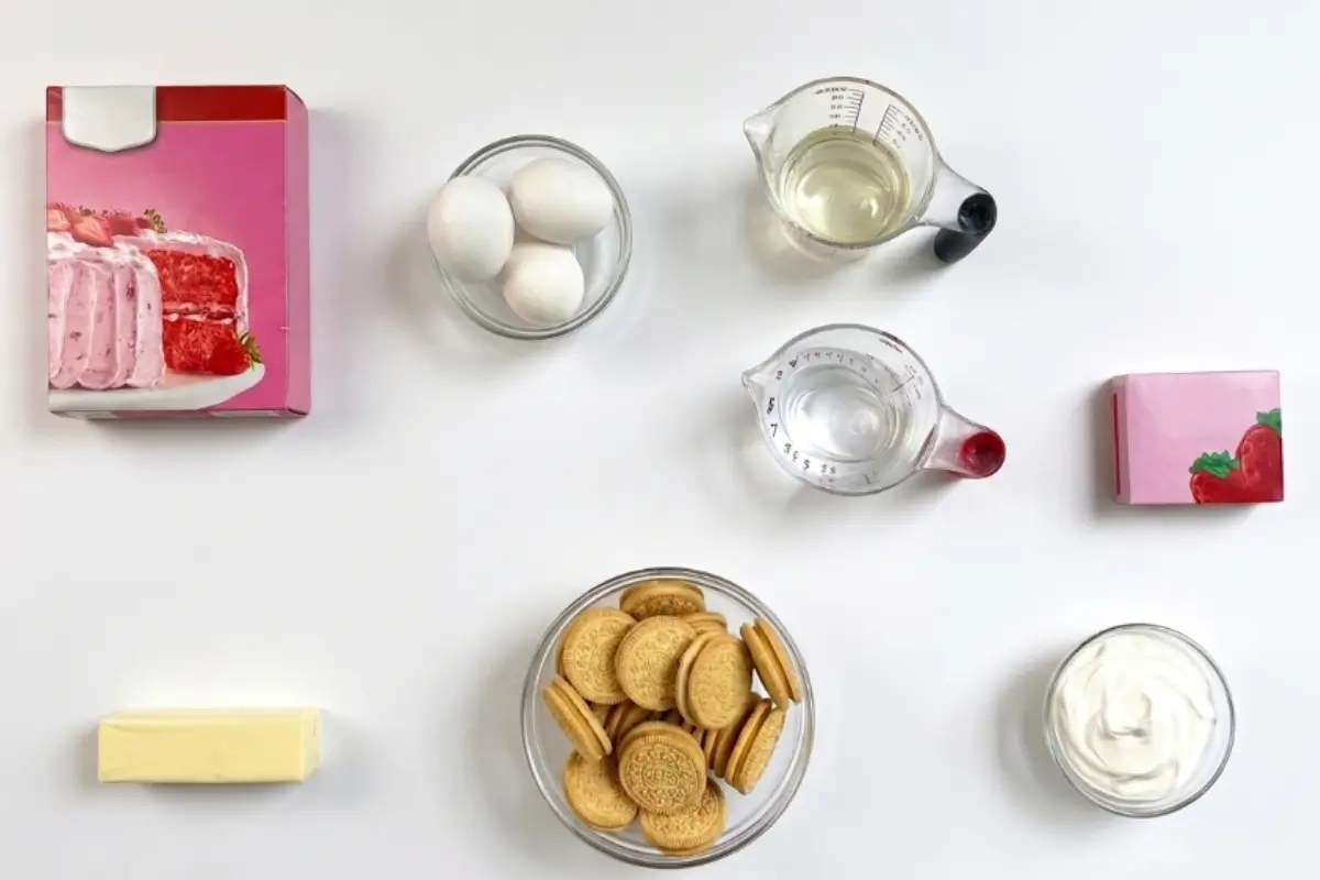 Key Ingredients For Strawberry Crunch Cake A warm, inviting flat lay of the key ingredients for strawberry crunch cake, including a box of strawberry cake mix, fresh eggs, butter, sour cream, golden sandwich cookies, and strawberry gelatin on a beautiful marble surface.