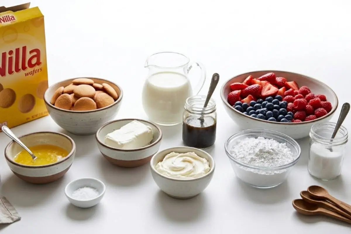 Key Ingredients For The Dreamiest Italian Cheesecake An inviting overhead spread of the simple ingredients needed for dreamy Italian ricotta cookies, featuring rustic ceramic bowls filled with creamy ricotta, sugar, melted butter, fresh strawberries and blueberries, milk, and vanilla wafers on a clean, bright surface.