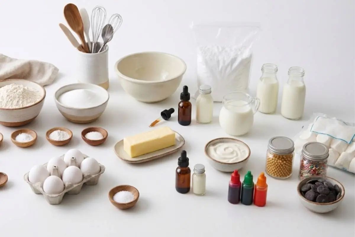 Key Ingredients For The Most Magical Christmas Cupcakes An overhead view of the simple, wholesome ingredients gathered to make magical Christmas cupcakes, including flour, sugar, fresh eggs, butter, milk, vibrant holiday food coloring, and festive sprinkles beautifully arranged in rustic bowls and jars.