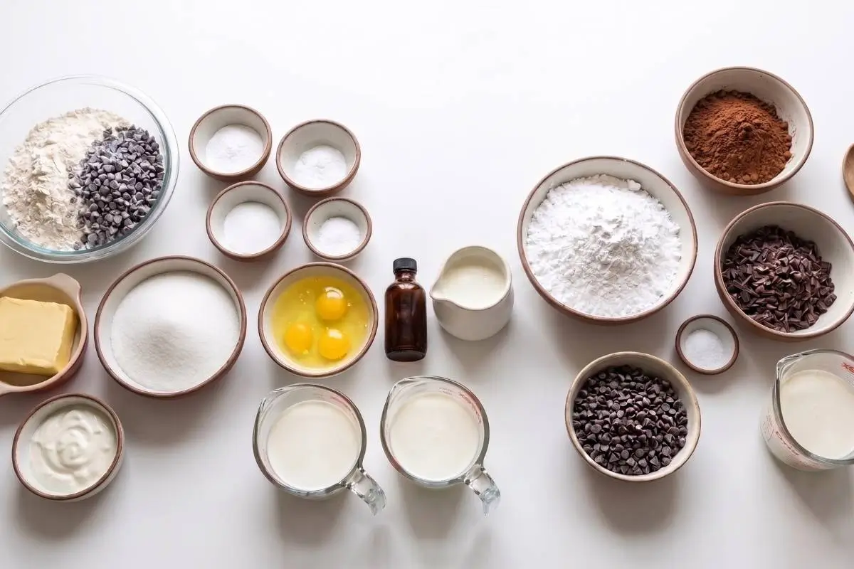 Key Ingredients For Your Chocolate Chip Cake A top-down view of essential chocolate chip cake ingredients, including flour, fresh eggs, sugar, and rich chocolate morsels, arranged beautifully in rustic ceramic bowls on a warm, inviting countertop.