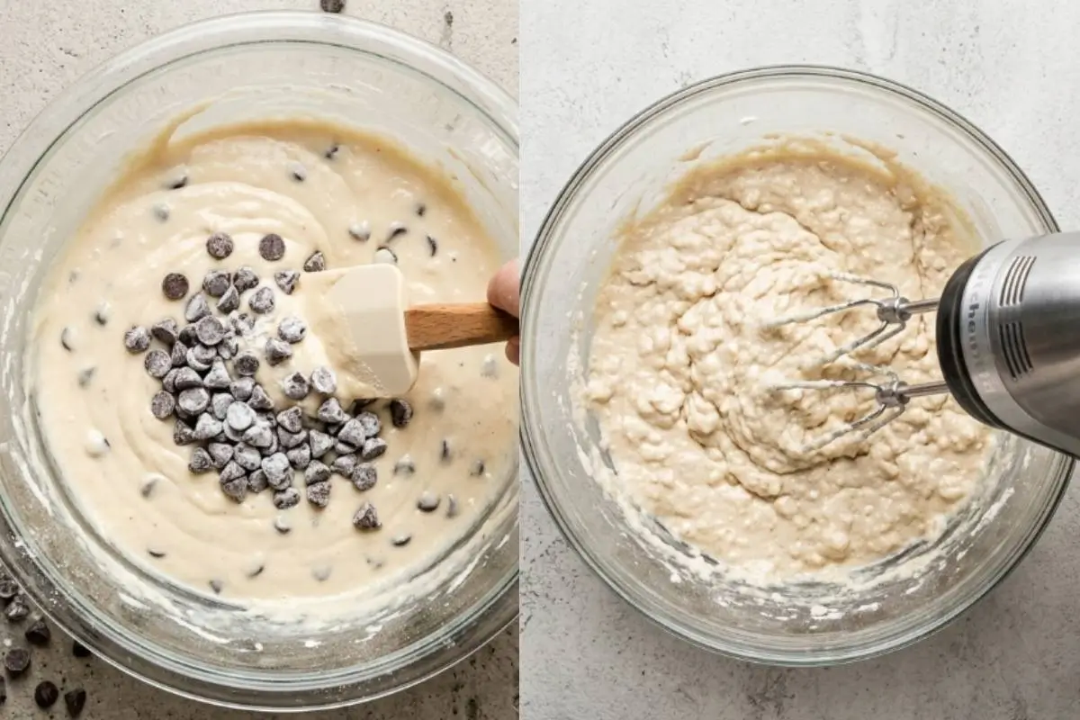 _Mascarpone Filling For Cannoli Cupcakes A two-panel process view showing a hand gently folding mini chocolate chips into a smooth batter with a spatula on the left, and an electric hand mixer whipping up a rich, creamy mascarpone filling for cannoli cupcakes in a glass mixing bowl on the right.