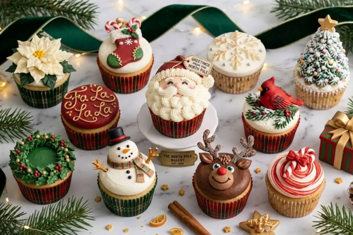 No-Fail Tips For Christmas Cupcakes A beautiful assortment of magical Christmas cupcakes resting on a marble surface, featuring charming and festive designs like a smiling Santa Claus, a cheerful snowman, Rudolph the red-nosed reindeer, and a winter cardinal, all surrounded by cozy pine branches and twinkling lights.