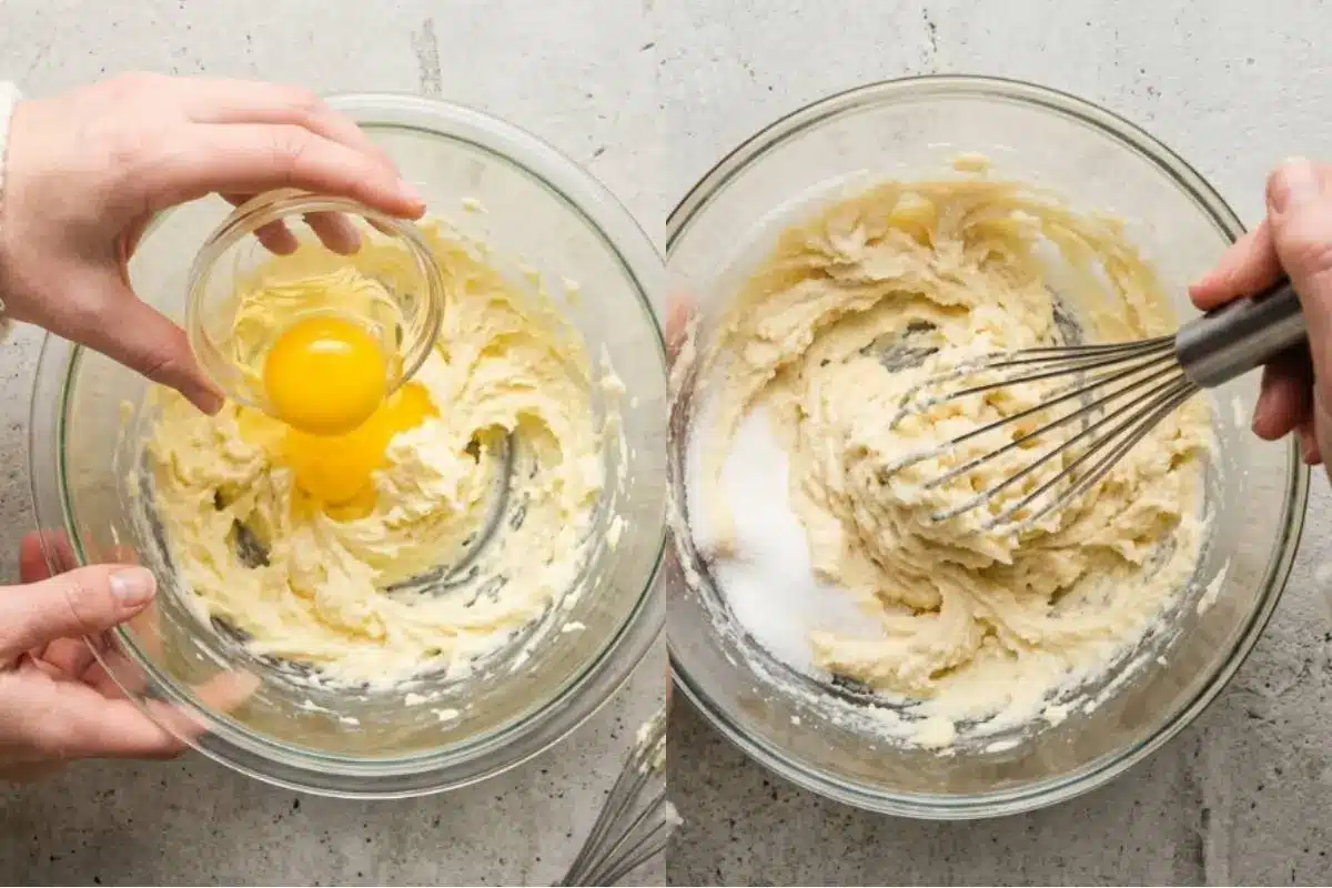 Soulful & Simple Step-by-Step Instructions For lemon ricotta cake recipe A side-by-side view showing the step-by-step mixing process for a lemon ricotta cake recipe, with one hand gently pouring a fresh egg into a glass bowl of creamed butter, and another hand using a wire whisk to blend sugar into the pale yellow batter.