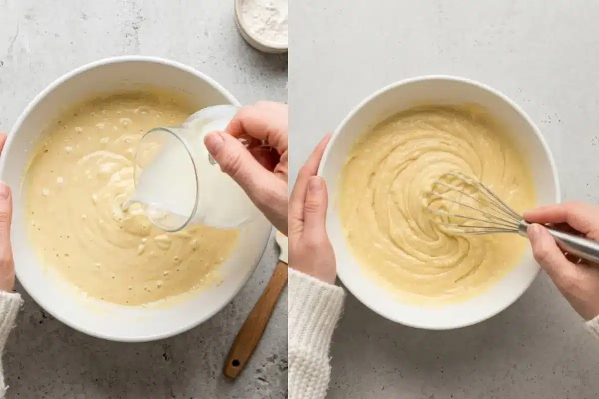 Step-by-Step Guide For Mini Cupcakes A side-by-side visual step-by-step guide for mini cupcakes, showing hands gently pouring milk into a rustic white bowl of batter on the left, and whisking the mixture until perfectly smooth and creamy on the right.