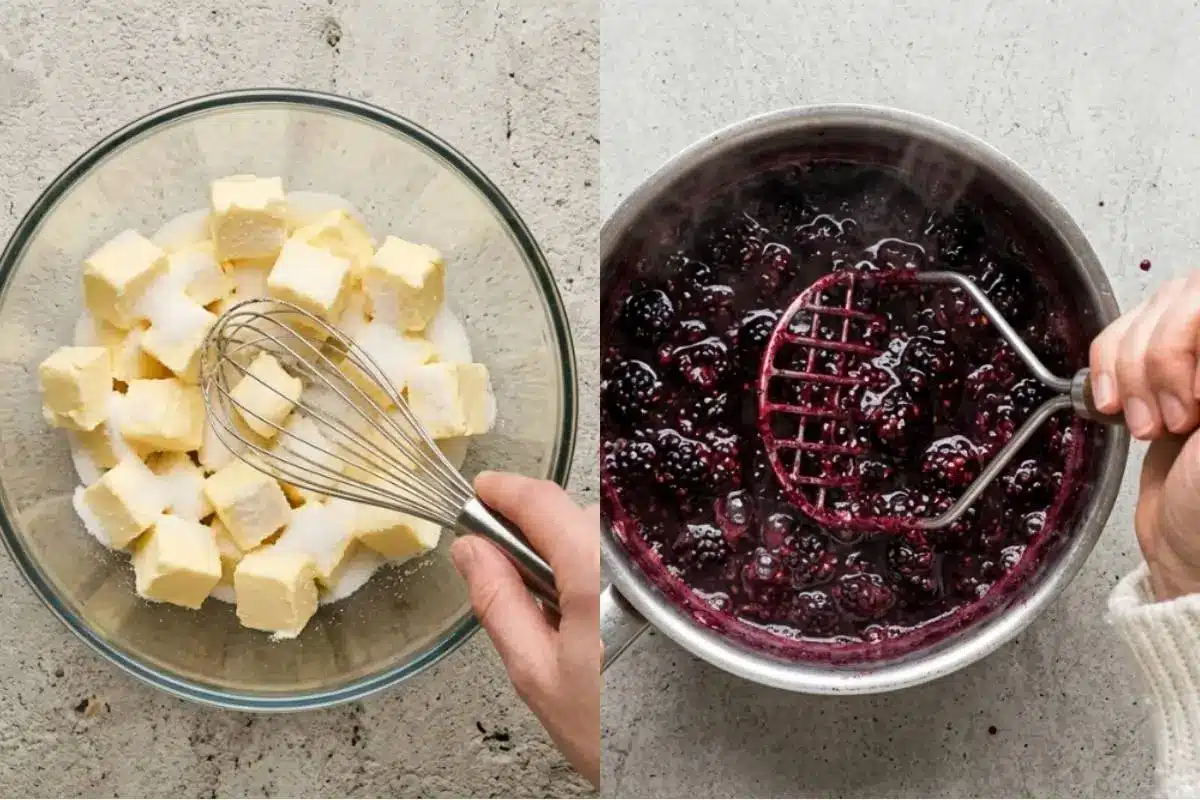 Step-by-Step Instructions For Blackberry Cake A side-by-side view showing the step-by-step process for our blackberry cake recipe, featuring a baker's hands whisking cubed butter and white sugar in a glass bowl, and using a metal masher to crush gently simmering fresh blackberries in a rustic saucepan.
