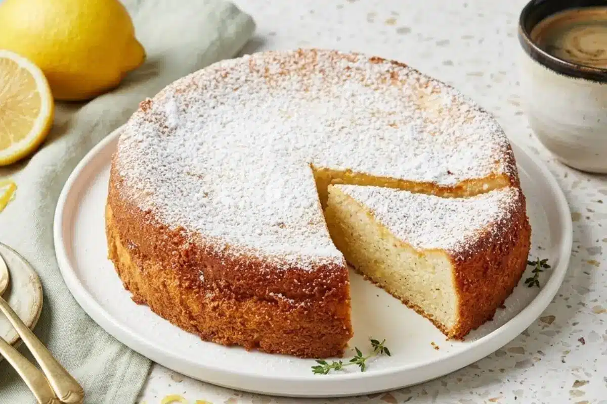 _Step-by-Step Instructions For lemon ricotta cake recipe A beautifully baked lemon ricotta cake recipe, generously dusted with powdered sugar with a single slice cut out, resting on a warm, rustic white plate next to fresh lemons and a cup of coffee.