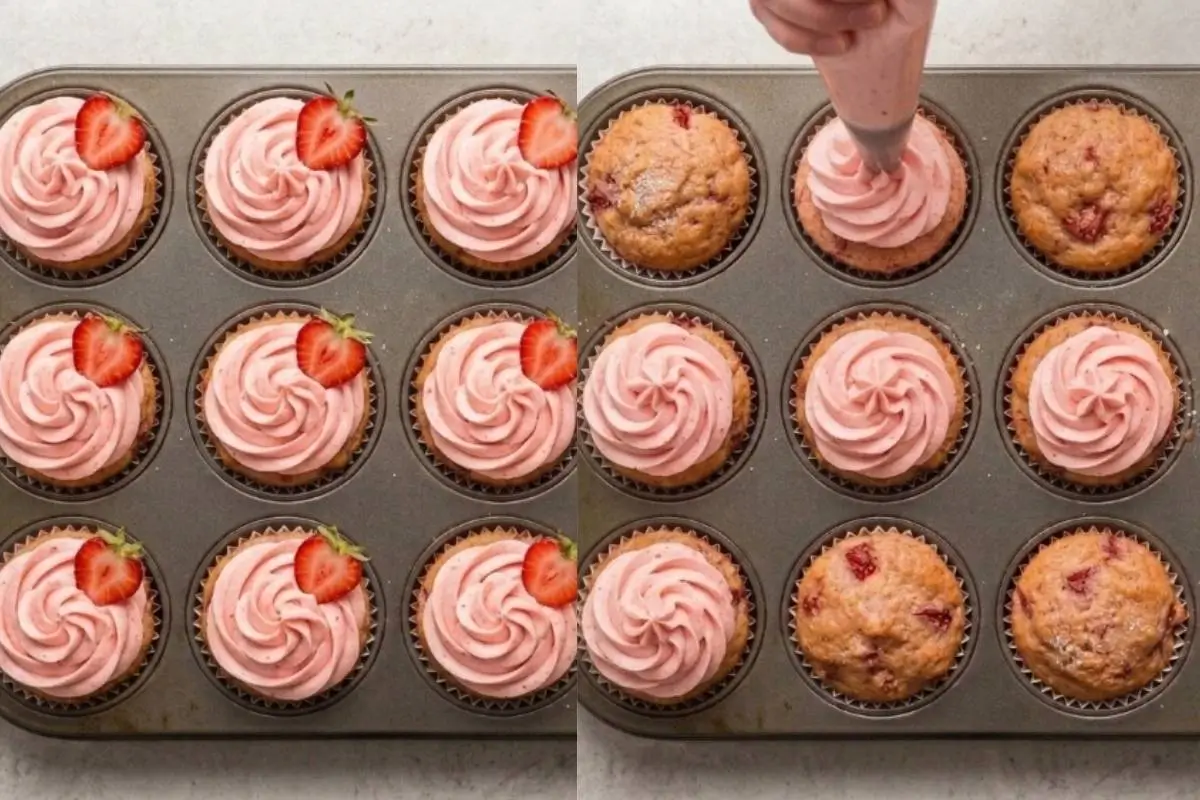 A side-by-side view showing a metal baking tin filled with freshly baked strawberry cookie cups. On the right, a hand gently pipes creamy, pink strawberry frosting onto a rustic cookie cup, while the left shows the finished treats beautifully swirled and topped with fresh strawberry halves.
