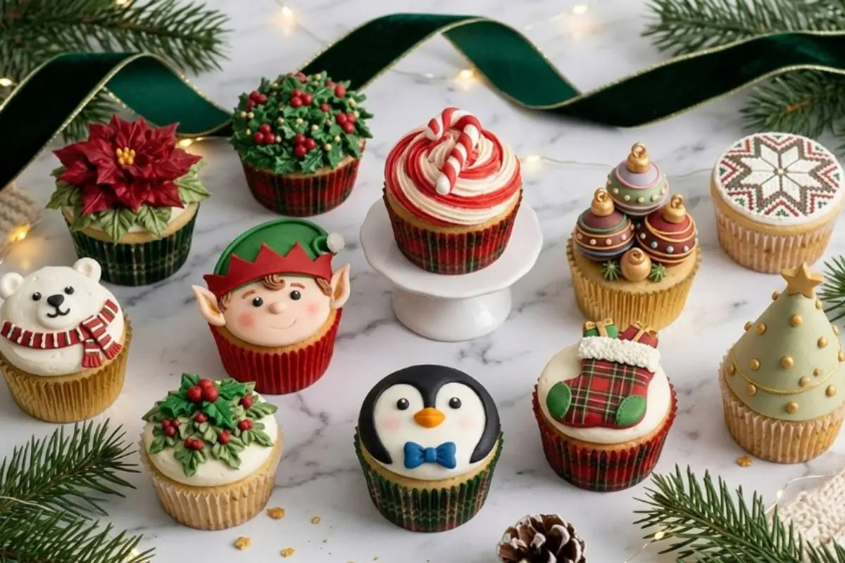 Storage Tips For These Magical Christmas Cupcakes A beautiful assortment of magical Christmas cupcakes displayed on a sleek marble surface, each uniquely decorated with festive designs including a sweet penguin, a detailed poinsettia, a cheerful elf, and classic ornaments, framed by fresh pine branches and warm string lights.