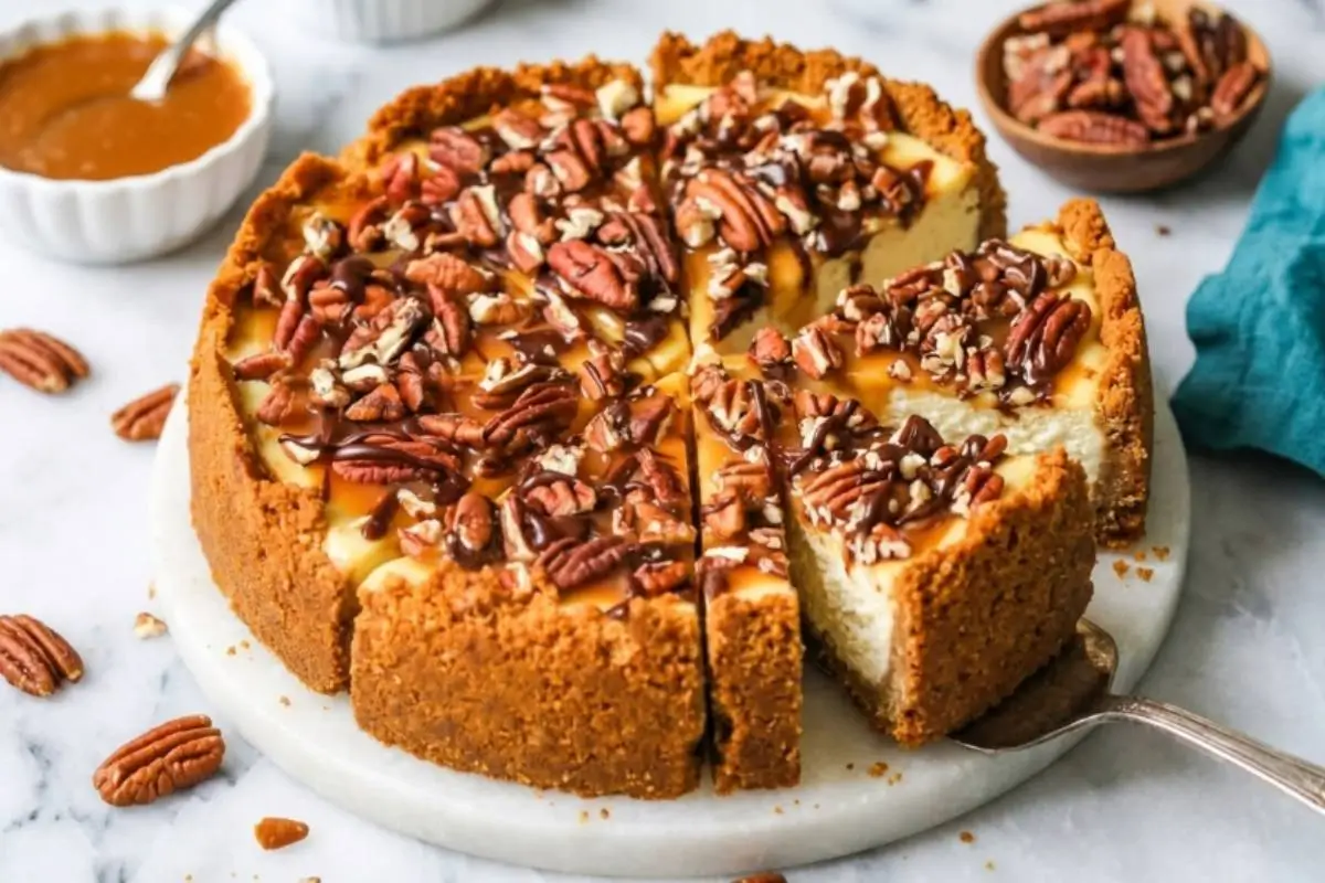 Storage Tips For Turtle Cheesecake A fully sliced turtle cheesecake resting on a white marble platter, beautifully topped with rich chocolate, caramel drizzle, and pecans, with one slice being lifted by a silver dessert server to illustrate proper storage tips for turtle cheesecake.