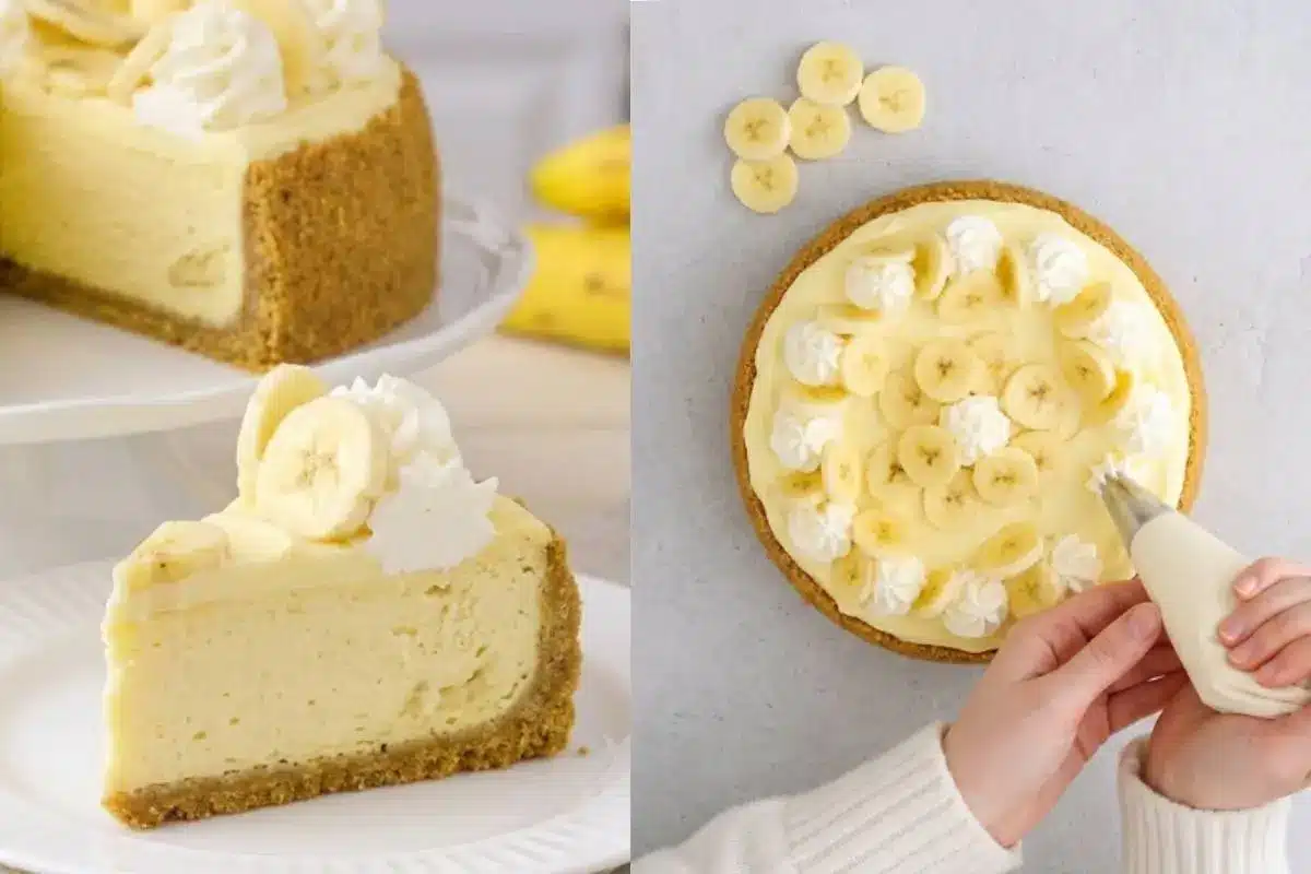 Storage Tips For Your Banana Cheesecake A split image showcasing a creamy banana cheesecake; on the left, a thick slice with a golden cookie crust rests on a rustic white plate, and on the right, captured from an overhead static angle on a light-grey textured concrete backdrop, hands pipe fresh whipped cream onto the finished dessert.