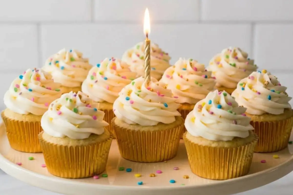 Storage Tips For Your Birthday Cupcakes A welcoming platter of soft birthday cupcakes baked in shiny gold wrappers, featuring generous swirls of white vanilla frosting, rainbow sprinkles, and a single glowing candle in the center cupcake.