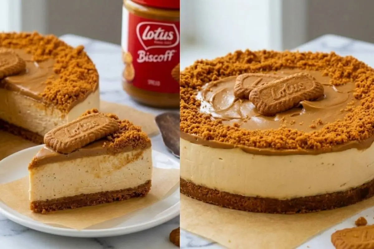 Storage Tips For Your Biscoff Cheesecake A split image featuring a whole creamy Biscoff cheesecake with a cookie butter glaze on the right, and a single cut slice on a white plate on the left, perfectly illustrating the best storage tips for your biscoff cheesecake to maintain its delicious freshness.