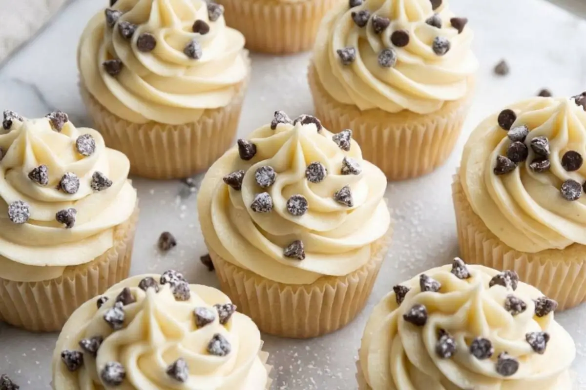 Storage Tips For Your Cannoli Cupcakes A close-up overhead view of beautifully baked cupcakes generously swirled with creamy frosting and sprinkled with mini chocolate chips on a cool marble surface, perfect for sharing the best storage tips for your cannoli cupcakes.