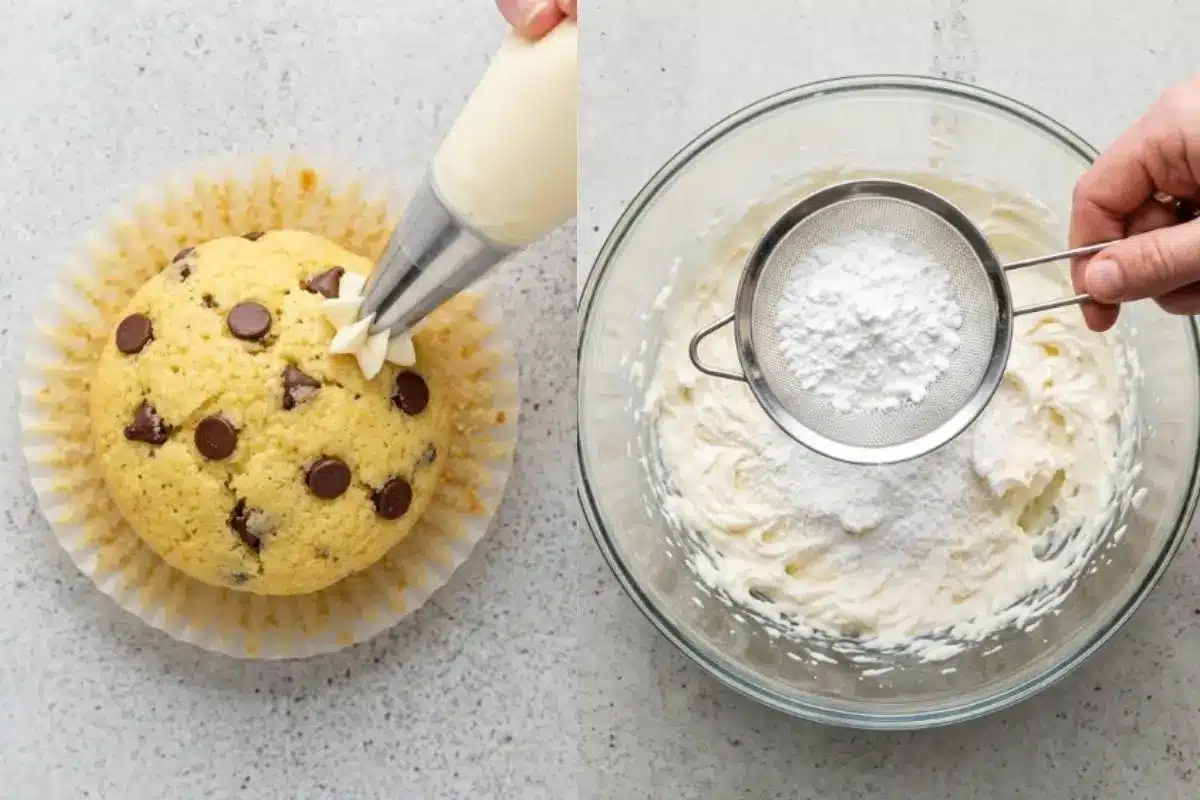 A side-by-side view showing a hand using a piping bag to swirl creamy frosting onto a perfectly baked chocolate chip cupcake on the left, and a hand sifting powdered sugar through a fine mesh strainer into a glass bowl of whipped frosting on the right.