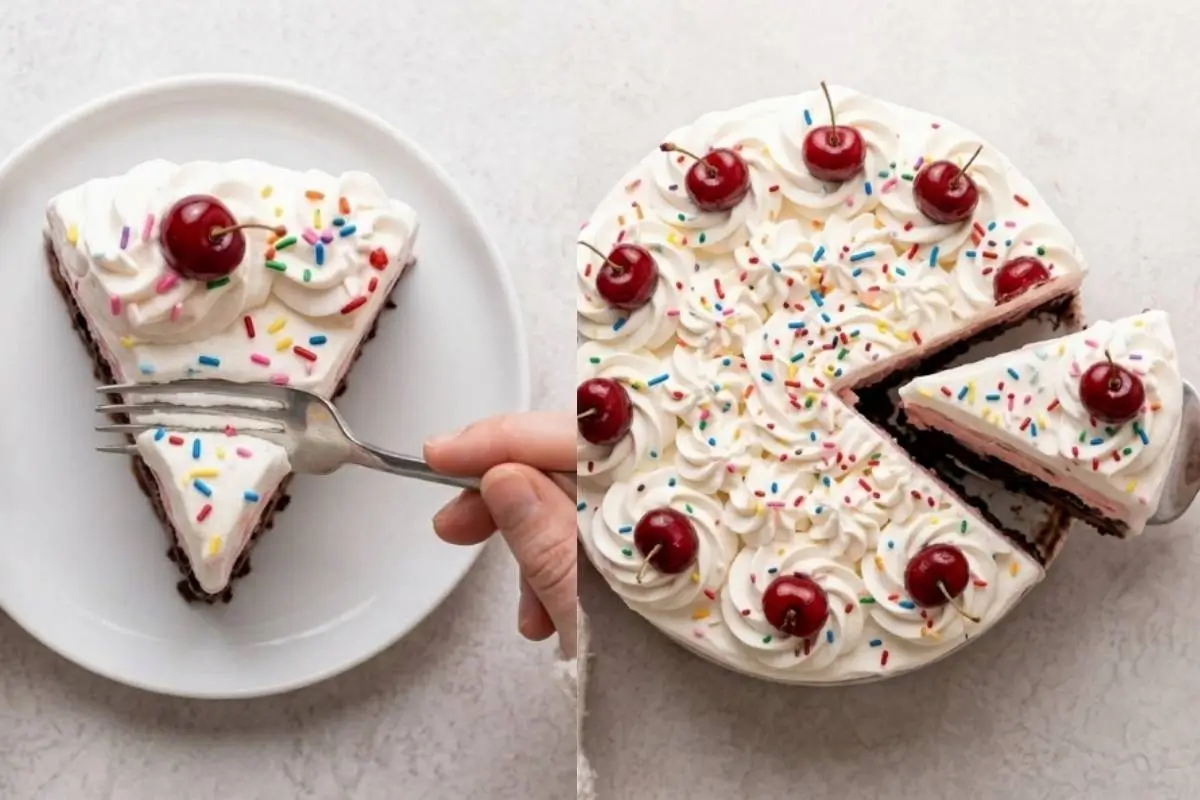 Storage Tips For Your Ice Cream Cake recipe A side-by-side view showing how to serve and preserve our homemade ice cream cake recipe, featuring a hand taking a bite with a silver fork from a colorful, sprinkled slice on the left, and a neat wedge being lifted from the fully decorated, cherry-topped cake on the right.
