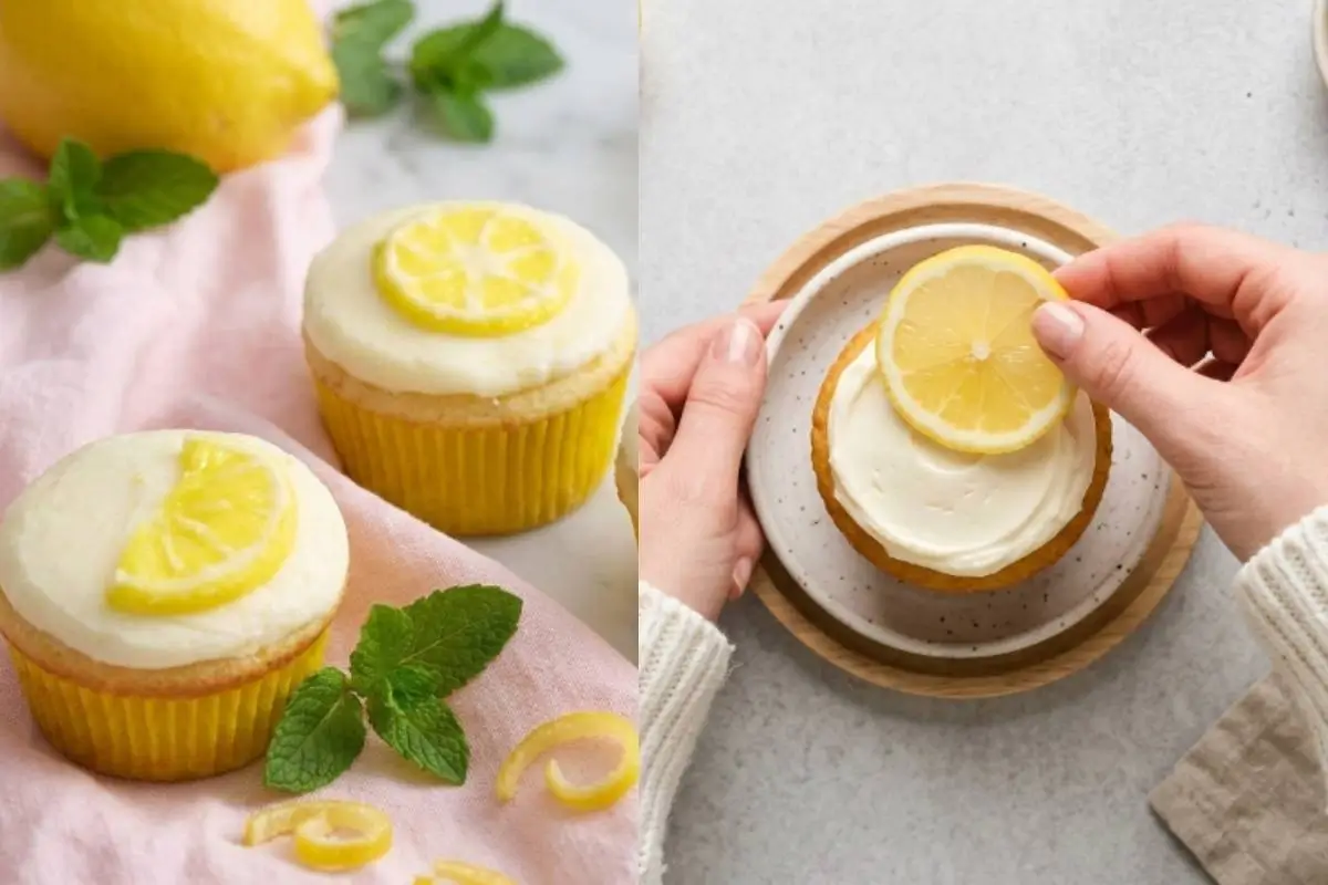 Storage Tips For Your Lemon Cupcakes A side-by-side visual demonstrating storage tips for your lemon cupcakes, showing bright, frosted cupcakes resting on a softly draped pink linen napkin on the left, and warm hands gently garnishing a cupcake with a fresh lemon slice on a rustic ceramic plate on the right.