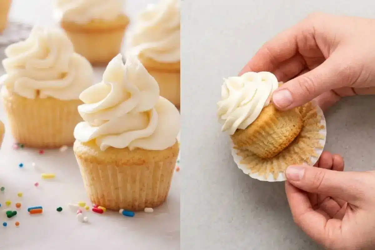 Storage Tips For Your Mini Cupcakes A side-by-side visual showing beautifully frosted treats scattered with colorful sprinkles on the left, and warm hands gently peeling back a paper liner on the right, demonstrating practical storage tips for your mini cupcakes.