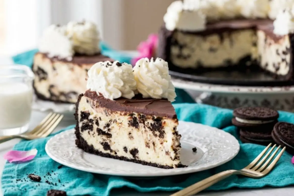Storage Tips For Your Oreo Cheesecake A delicious slice of Oreo cheesecake rests on a white plate next to a gold fork and a vibrant teal cloth, showcasing a thick chocolate cookie crust, a creamy filling packed with cookie pieces, and a glossy chocolate ganache topping.