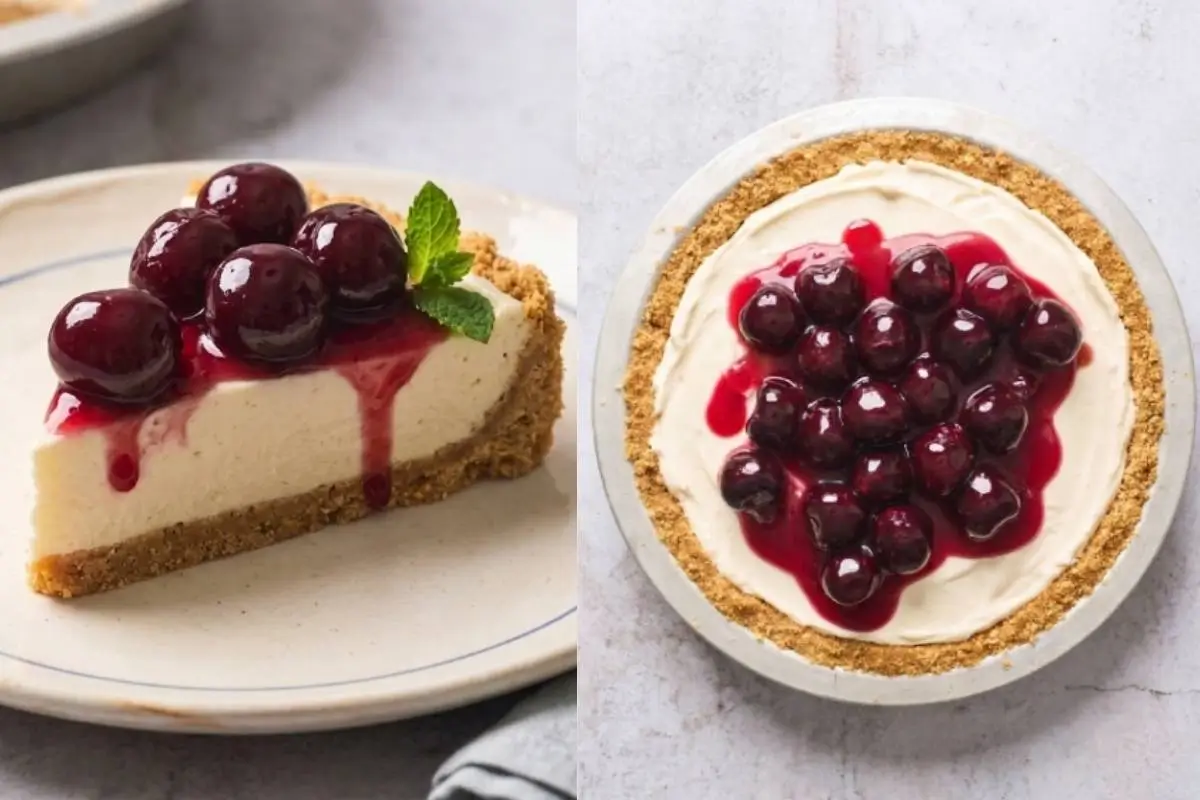 Storage Tips For Your Philadelphia No Bake Cheesecake A split-screen view featuring a perfect slice of creamy Philadelphia no-bake cheesecake topped with glossy cherries on a rustic ceramic plate, alongside an overhead shot of the whole chilled dessert ready for the fridge.
