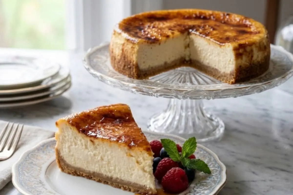 Storage Tips For Your Vegan Ricotta Cheesecake A beautiful slice of a giant baked vegan ricotta cookie resting on a vintage floral plate alongside fresh berries, while the remaining golden portion sits elegantly on a glass pedestal stand in a cozy, naturally lit kitchen.