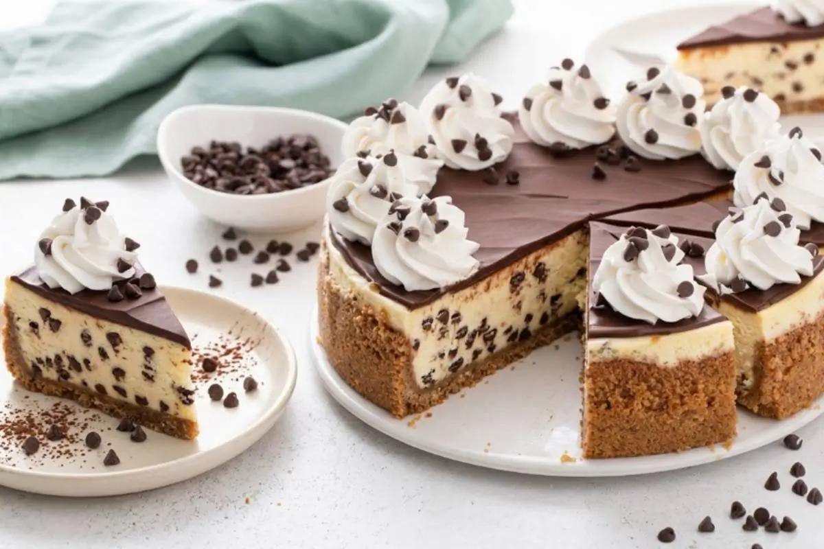 Storage Tips An overhead static angle of a beautifully sliced chocolate chip cheesecake topped with dark ganache and whipped cream rosettes, sitting next to a served slice on a light-grey textured concrete backdrop.