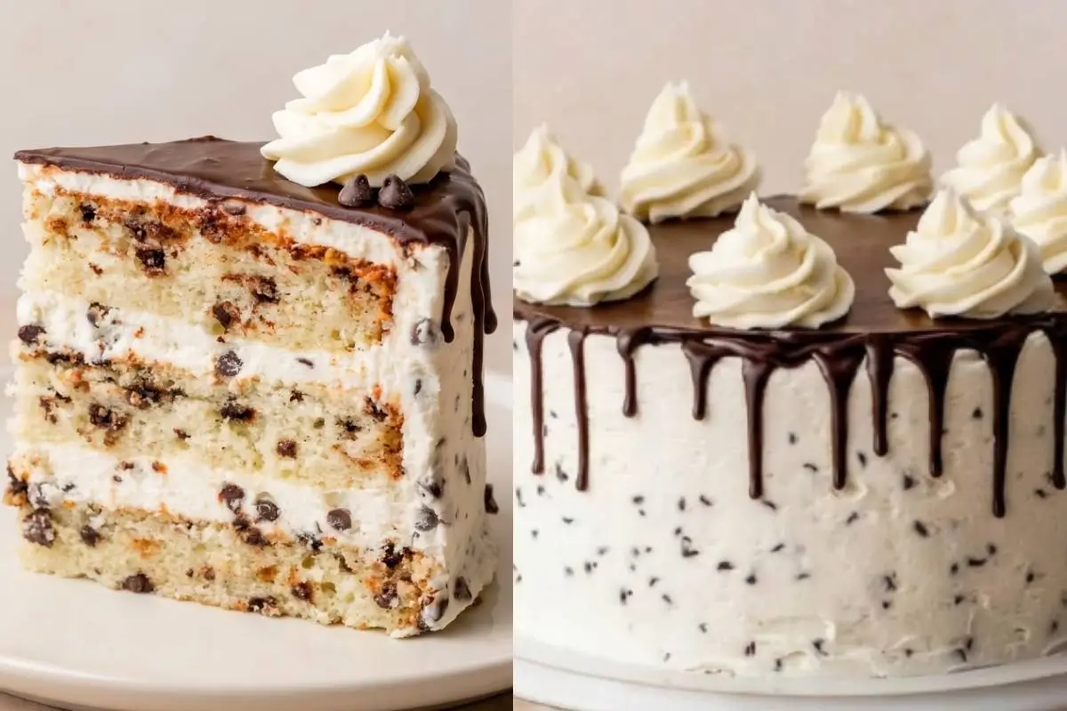 Storage and Freezing For Your Chocolate Chip Cake A side-by-side view showing a tall, layered slice of chocolate chip cake on a warm ceramic plate next to the remaining whole cake, both beautifully decorated with buttercream and a chocolate drip, ready to be safely stored.