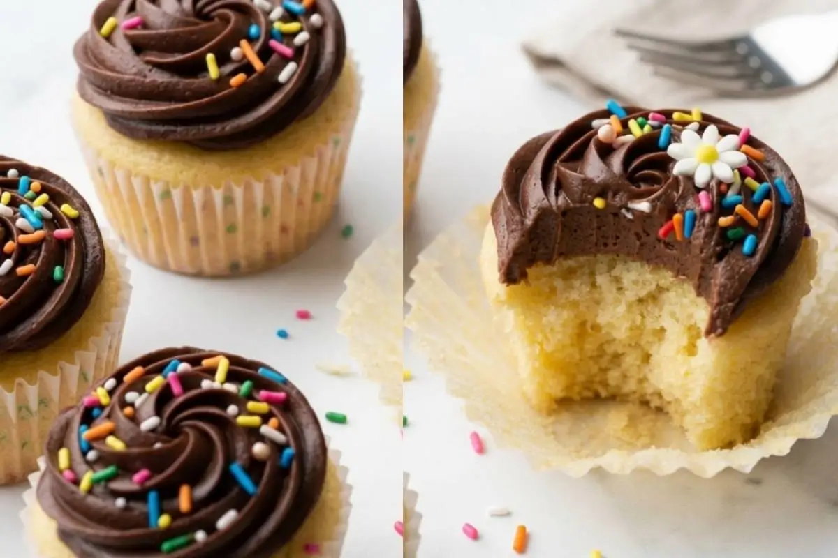 Storage and Freezing For Your Gluten-Free Cupcakes A side-by-side view of tender vanilla gluten-free cupcakes topped with creamy chocolate frosting and bright sprinkles, featuring one cupcake with a bite taken out to reveal a perfectly moist crumb even after storage and freezing.