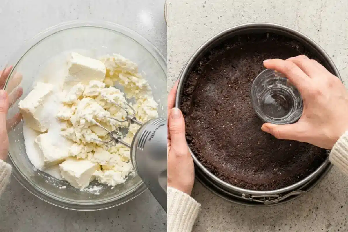 The Filling For Oreo Cheesecake A split-screen view showing a hand mixer whipping firm blocks of cream cheese and sugar in a clear glass bowl, next to a hand using a small glass to firmly press a dark, crumbly cookie crust into a springform pan for an Oreo cheesecake.