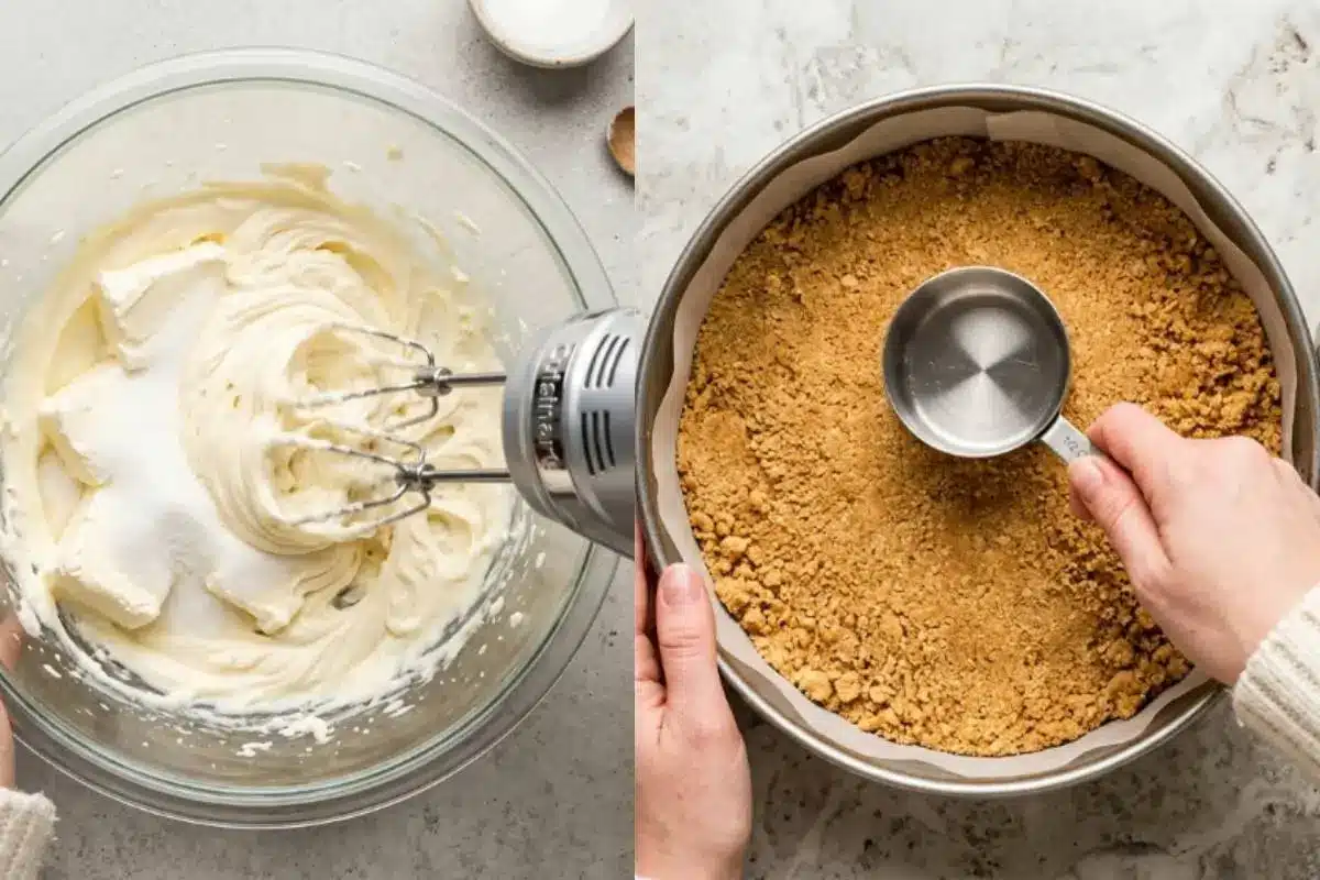 The Filling For Philadelphia No-Bake Cheesecake A split-screen view showing a hand mixer whipping smooth cream cheese and sugar in a glass bowl, next to a hand using a metal measuring cup to firmly press a graham cracker crust into a parchment-lined pan for a Philadelphia no-bake cheesecake.