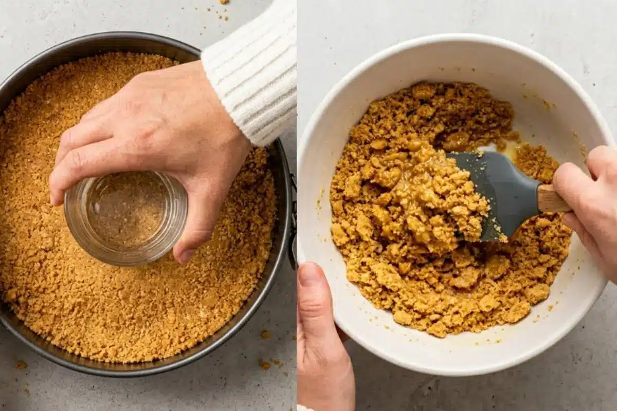 The Golden Rule Step-by-Step For Chocolate Chip Cheesecake An overhead static angle showing a hands-on step-by-step process of mixing buttery cookie crumbs in a white bowl and using a simple glass to firmly press the crust into a springform pan on a light-grey textured concrete backdrop, preparing the base for a chocolate chip cheesecake.