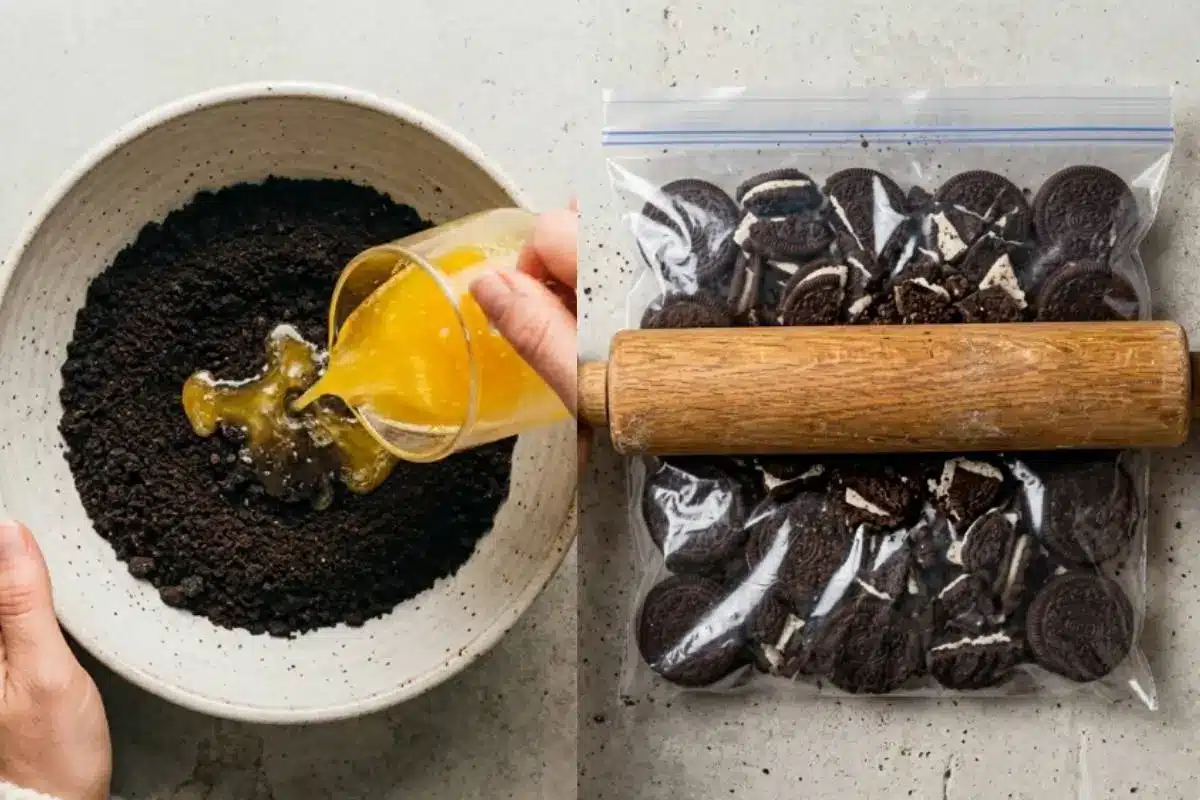 The Golden Rule Step-by-Step For Oreo Cheesecake A split-screen view demonstrating the step-by-step process for an Oreo cheesecake crust, featuring a wooden rolling pin crushing whole Oreo cookies in a clear bag next to a rustic bowl where warm melted butter is poured into the dark, sweet cookie crumbs.