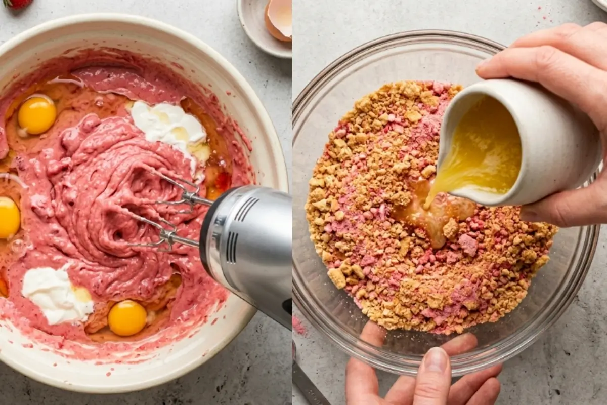 The Golden Rule Step-by-Step For Strawberry Crunch Cake A two-part step-by-step image showing hands using an electric mixer on pink batter in a mixing bowl, and pouring melted butter over crushed cookies for the strawberry crunch cake.