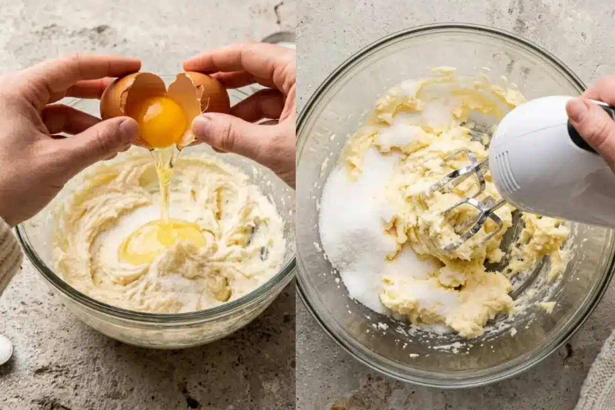 A side-by-side view showing the first steps of mixing strawberry cookie dough, featuring hands gently cracking a fresh egg into a glass bowl, and a white hand mixer blending butter and sugar together on a rustic, flour-dusted countertop.