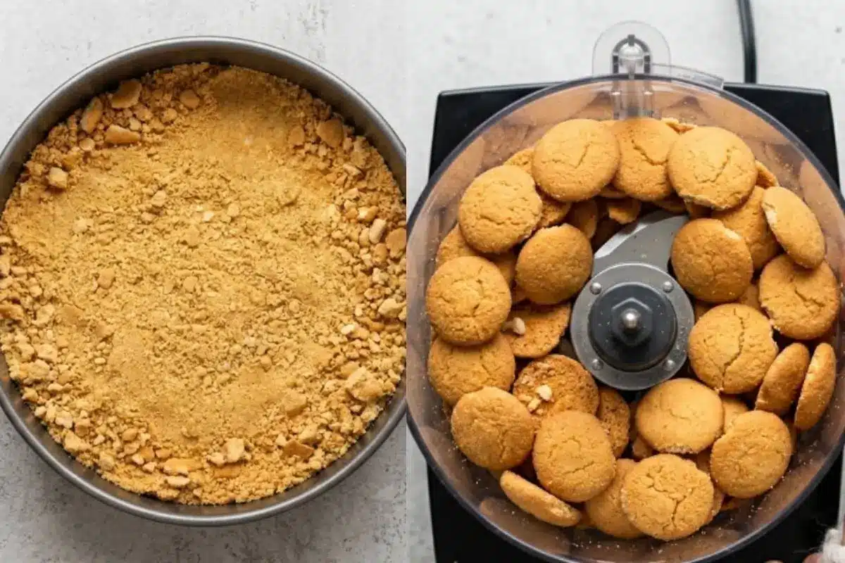 The Golden Rule Step-by-Step For The Italian Cheesecake An overhead view on a light-grey textured concrete backdrop showing the step-by-step process for an Italian ricotta cookie base, featuring whole vanilla wafers in a food processor on the right, and the perfectly crushed, golden crumb mixture pressed into a round baking pan on the left.
