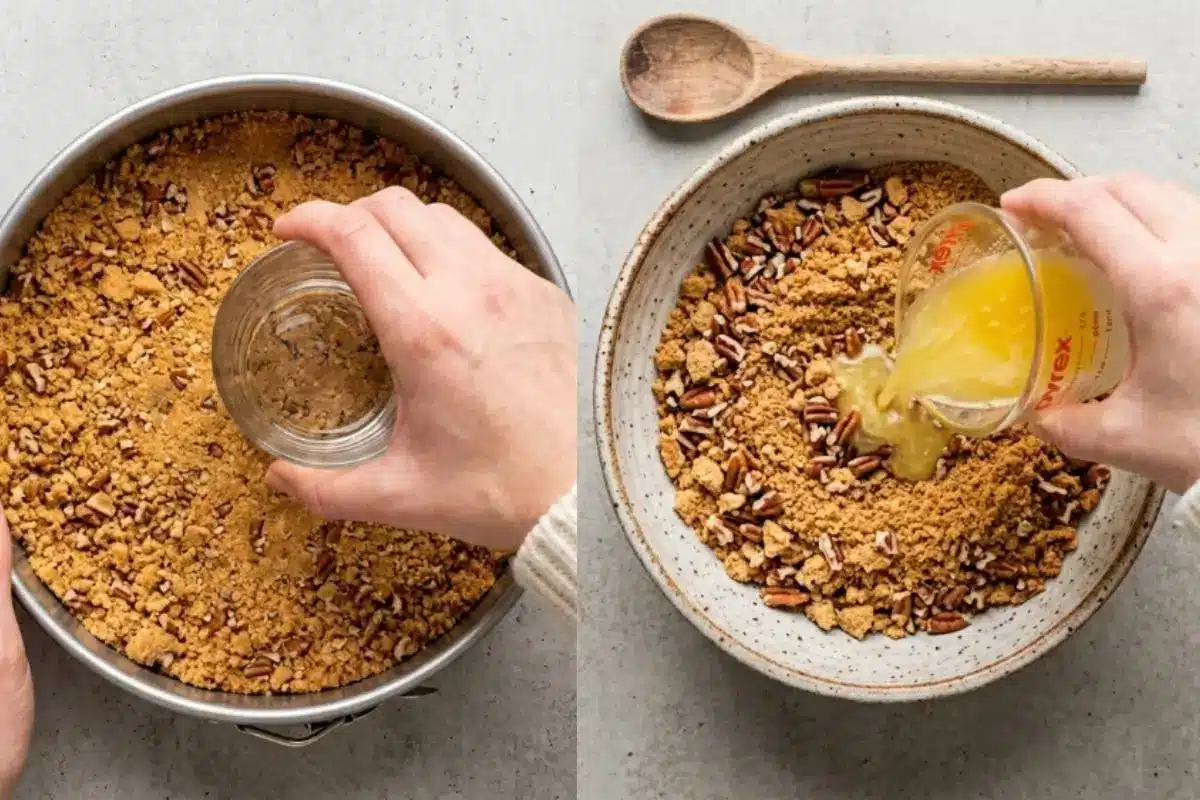 The Golden Rule Step-by-Step For Turtle Cheesecake A side-by-side view showing the step-by-step process for making a turtle cheesecake crust, featuring warm melted butter being poured into a rustic bowl of sweet crumbs and pecans, and a hand gently pressing the mixture into a metal springform pan.