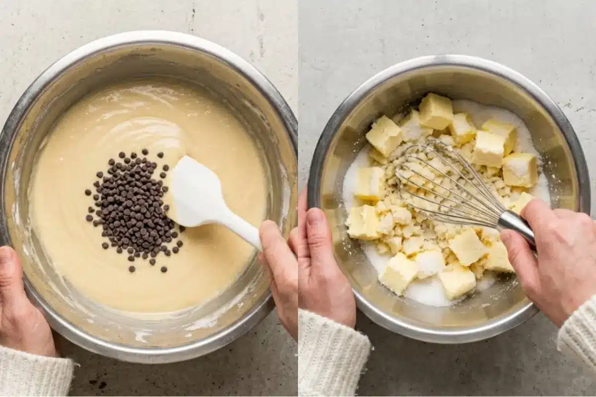 The Golden Rule Step-by-Step Instructions For Cannoli Cake Recipe A side-by-side view showing the step-by-step process for our cannoli cake recipe, featuring a baker's hands in a cozy cream sweater gently folding mini chocolate chips into a smooth batter with a white spatula, and whisking cubed butter into white sugar in a rustic metal mixing bowl.