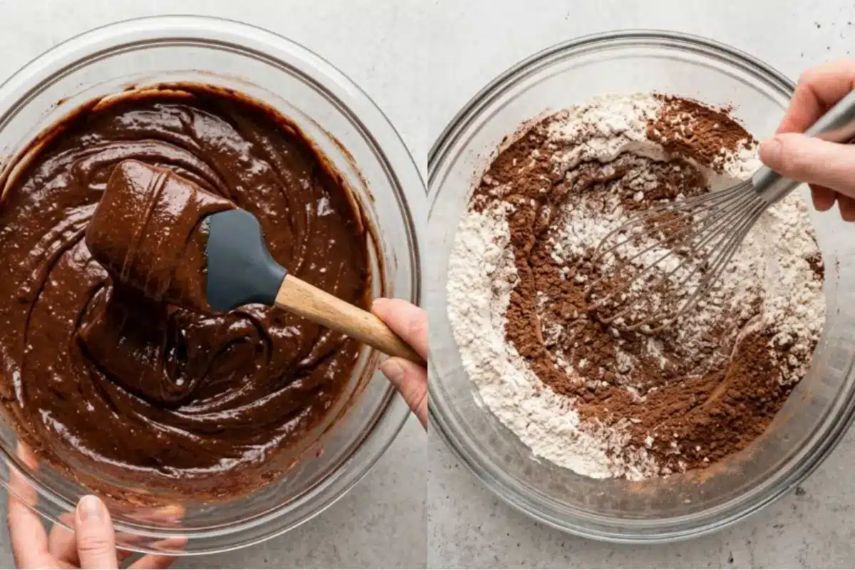 The Golden Rule Step-by-Step Instructions For Chocolate Chip Bundt Cake A side-by-side view showing the step-by-step instructions for a chocolate chip bundt cake, featuring a glass bowl of rich chocolate batter being gently stirred with a spatula on the left, and a glass bowl of dry ingredients including flour and cocoa powder being whisked on the right.