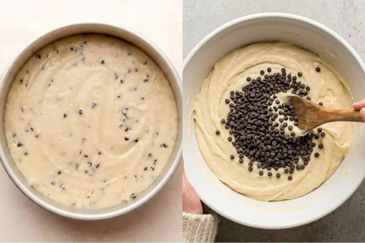 The Golden Rule Step-by-Step Instructions For Chocolate Chip Cake A side-by-side view showing a wooden spoon gently folding chocolate chips into thick vanilla batter in a white bowl, alongside the finished chocolate chip cake batter spread evenly in a round metal baking pan.