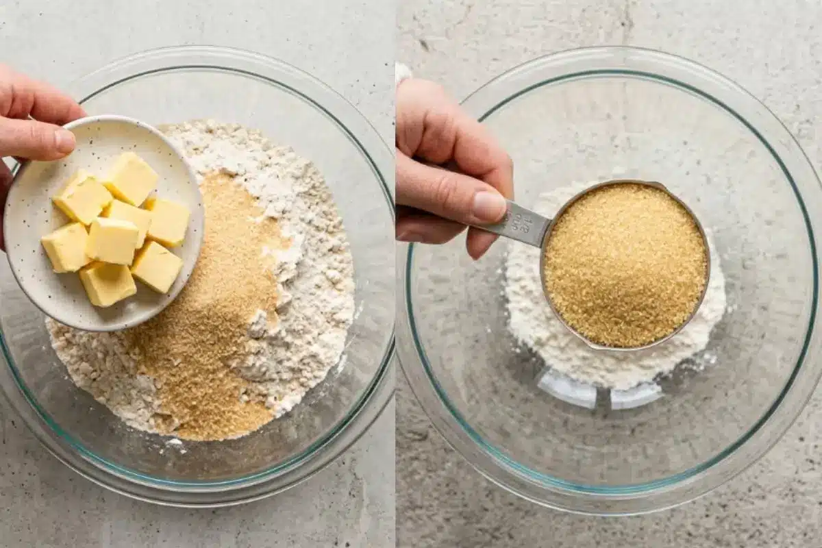 A two-panel step-by-step process view showing hands adding cubed butter to flour in a glass mixing bowl on the left, and pouring a measuring cup of sugar into the bowl on the right.