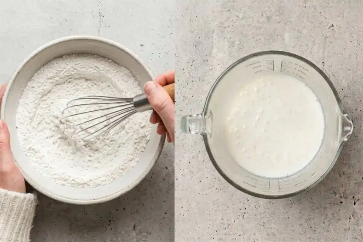 The Golden Rule Step-by-Step Instructions For Gluten-Free Cupcakes A side-by-side view showing the step-by-step instructions for gluten-free cupcakes, featuring a hand gently whisking dry flour ingredients in a rustic ceramic bowl on the left, next to a glass measuring cup filled with the wet milk mixture on the right.