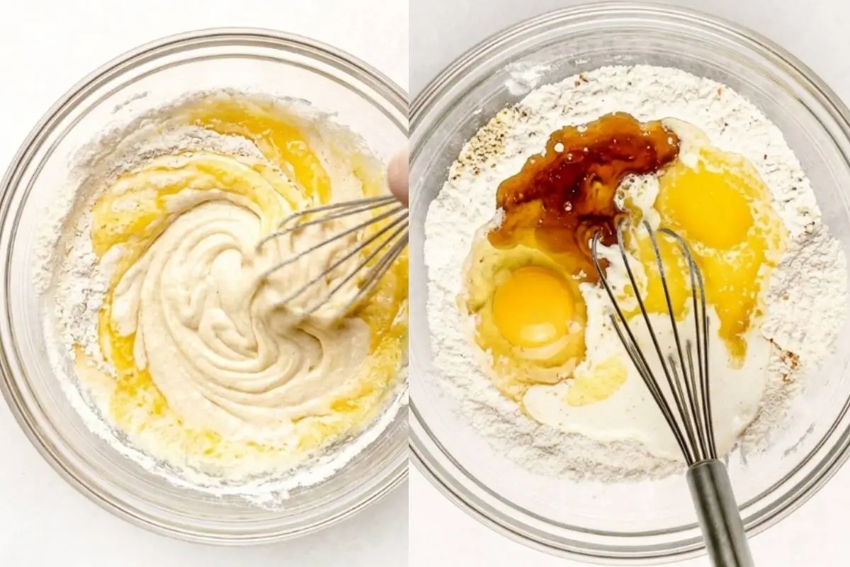 A side-by-side demonstration of the simple step-by-step instructions for a chocolate chip mug cake, showing fresh eggs, milk, and vanilla resting on dry ingredients in a glass bowl on the right, and a wire whisk gently blending them into a smooth, comforting batter on the left.