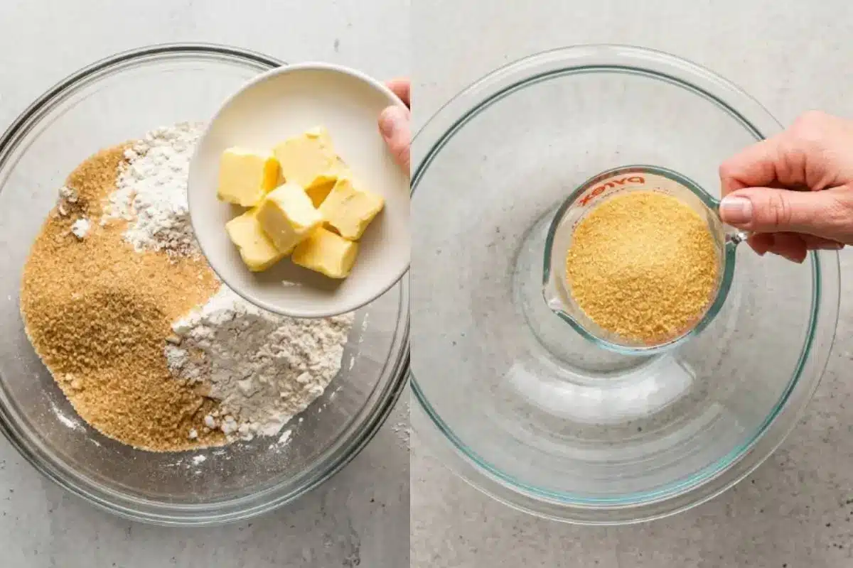 The Golden Rule Step-by-Step Instructions for cannoli cupcakes A two-panel step-by-step process view showing hands gently adding cubed butter to dry ingredients in a large glass mixing bowl on the left, and holding a glass measuring cup filled with brown sugar to prepare a batch of cannoli cupcakes on the right.