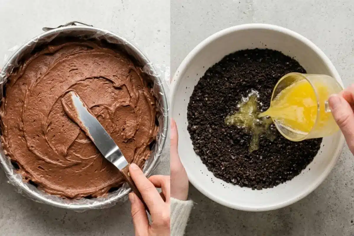 The Golden Rule Step-by-Step Instructions for ice cream cake recipe A side-by-side demonstration of the simple steps for our homemade ice cream cake recipe, showing warm melted butter being poured over crushed chocolate cookies in a white bowl on the right, and an offset spatula gently spreading soft, rich chocolate ice cream into a lined cake pan on the left.