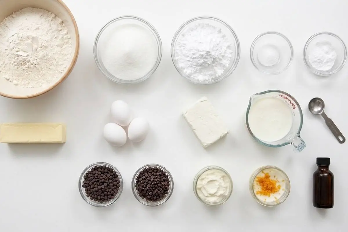 The Key Ingredients For Cannoli Cake Recipe And Why They Matter An overhead view of the simple, everyday baking ingredients needed for our comforting cannoli cake recipe, including flour, fresh eggs, creamy ricotta, and mini chocolate chips neatly arranged in rustic glass bowls.