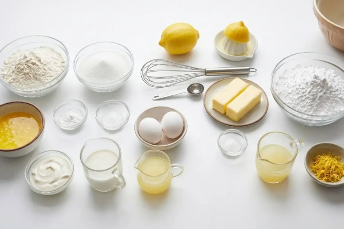 The Key Ingredients For Lemon Cupcakes A bright and beautifully arranged rustic flat lay showcasing the key ingredients for lemon cupcakes, including fresh whole lemons, a citrus juicer, softened butter, eggs, flour, and a metal whisk, all resting on a clean, inviting surface.