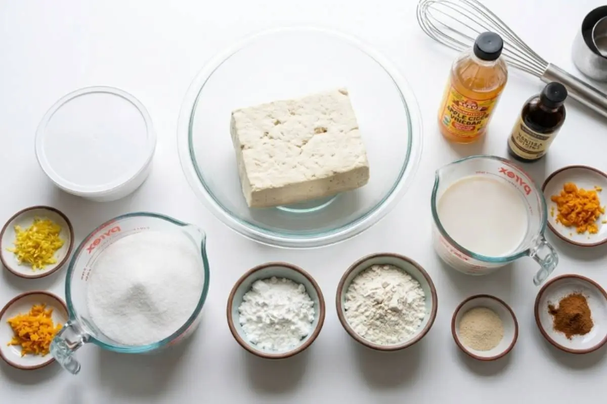 The Key Ingredients For Vegan Ricotta Cheesecake An overhead view of all the necessary vegan ricotta cheesecake ingredients, featuring a block of tofu in a glass bowl, sugar, plant-based milk, vanilla extract, apple cider vinegar, flour, and small dishes of fresh citrus zest and spices.