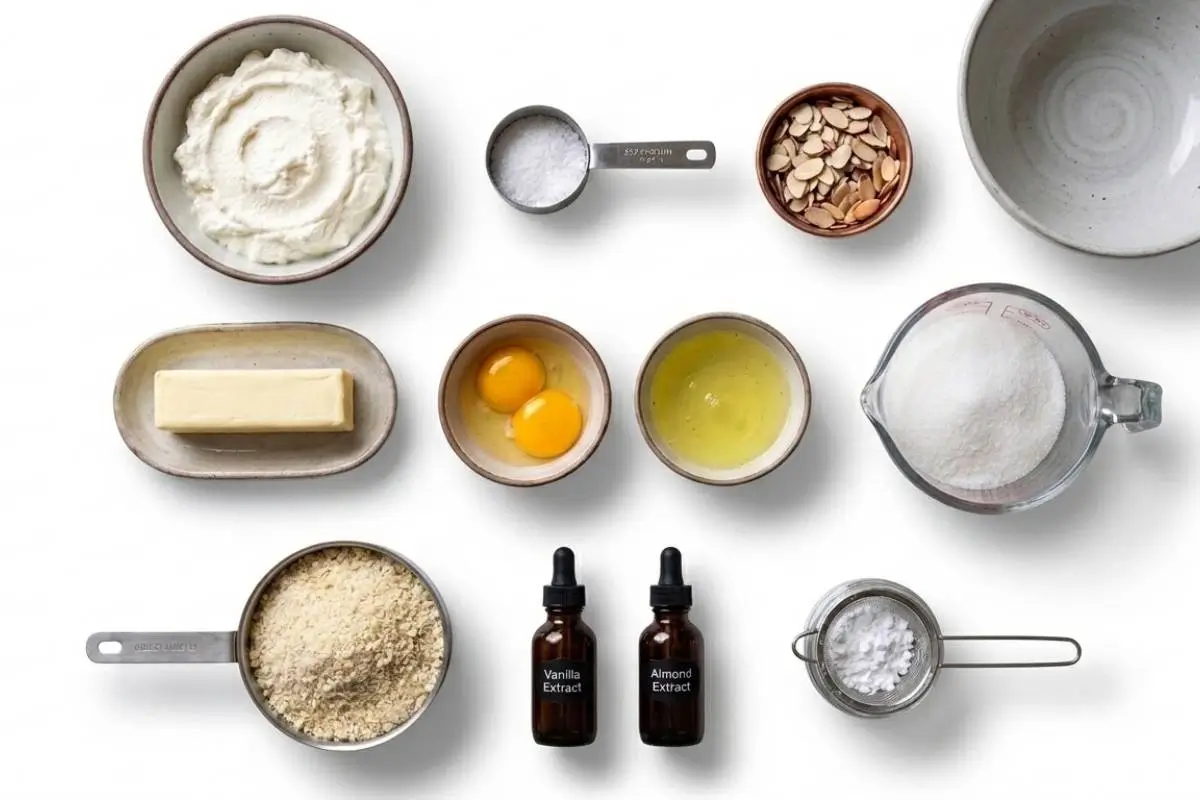 The Key Ingredients For lemon ricotta cake An overhead view of beautiful, fresh ingredients including creamy ricotta, almond flour, butter, farm-fresh eggs, and sliced almonds in rustic ceramic bowls, all prepared for baking a classic almond ricotta cake recipe.