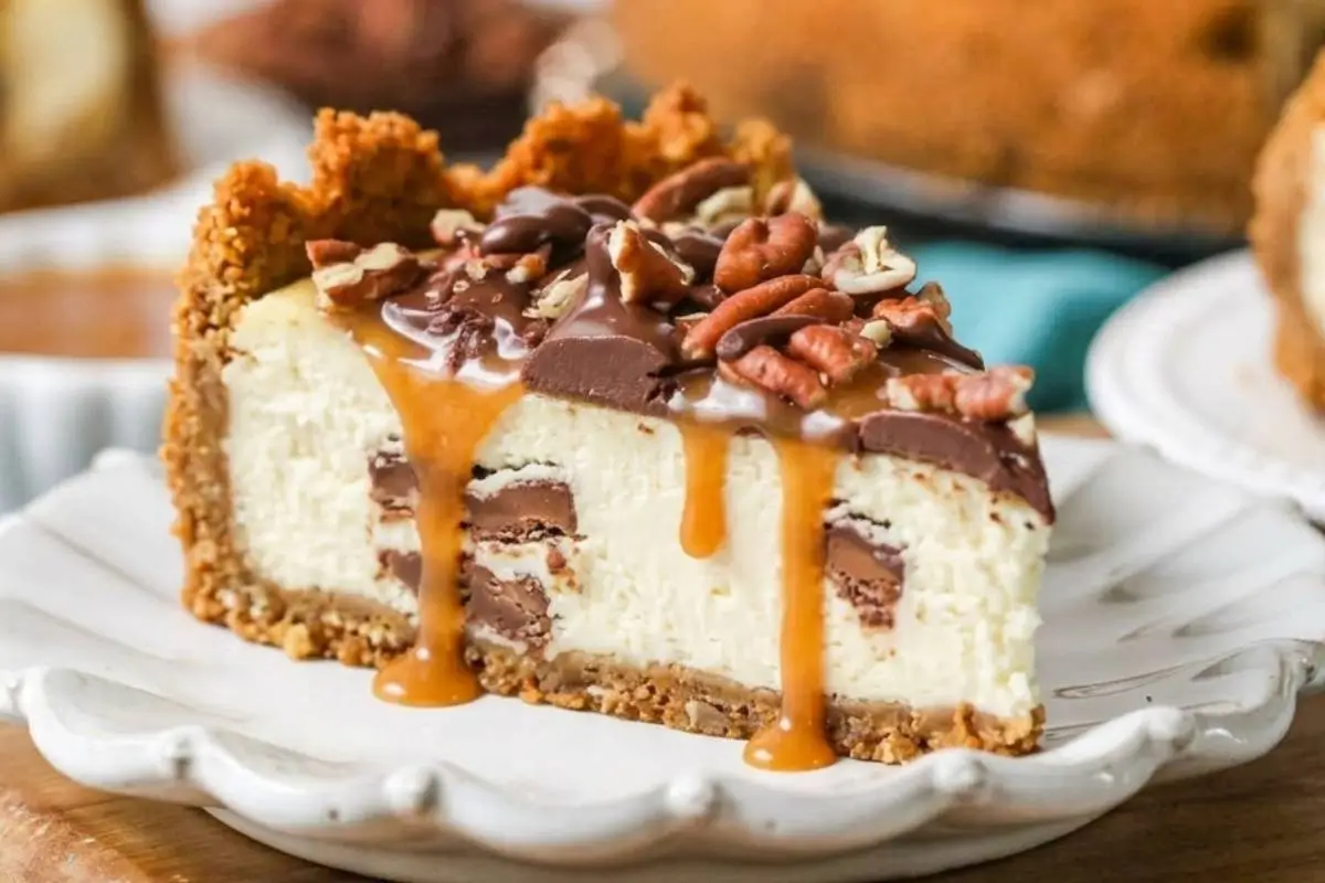 The Ultimate Turtle Cheesecake (A Beautiful, No-Fail Bakery Showstopper) 3 A thick slice of decadent turtle cheesecake with a graham cracker crust, topped with chocolate chunks, pecans, and dripping caramel sauce, served on a rustic white plate.